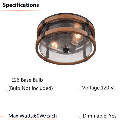 Farmhouse Clear Seeded Glass Ceiling Light Fixture Black+Rustic Wood Grain Finish